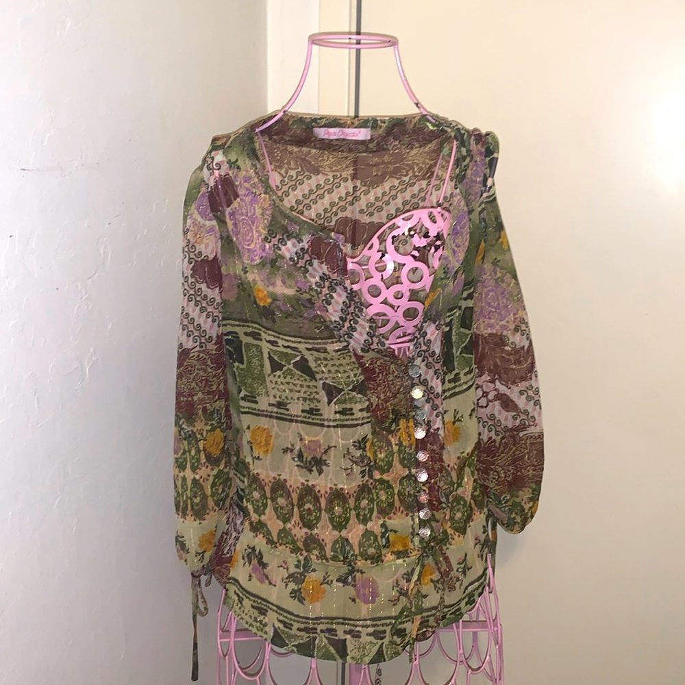 Pore Oxygen Women's Embroidered Blouse Green Multi- Small